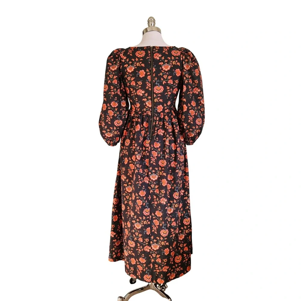 The GREAT. Floral Midi Dress Puff Sleeve Empire Waist Black Orange Size 0‎